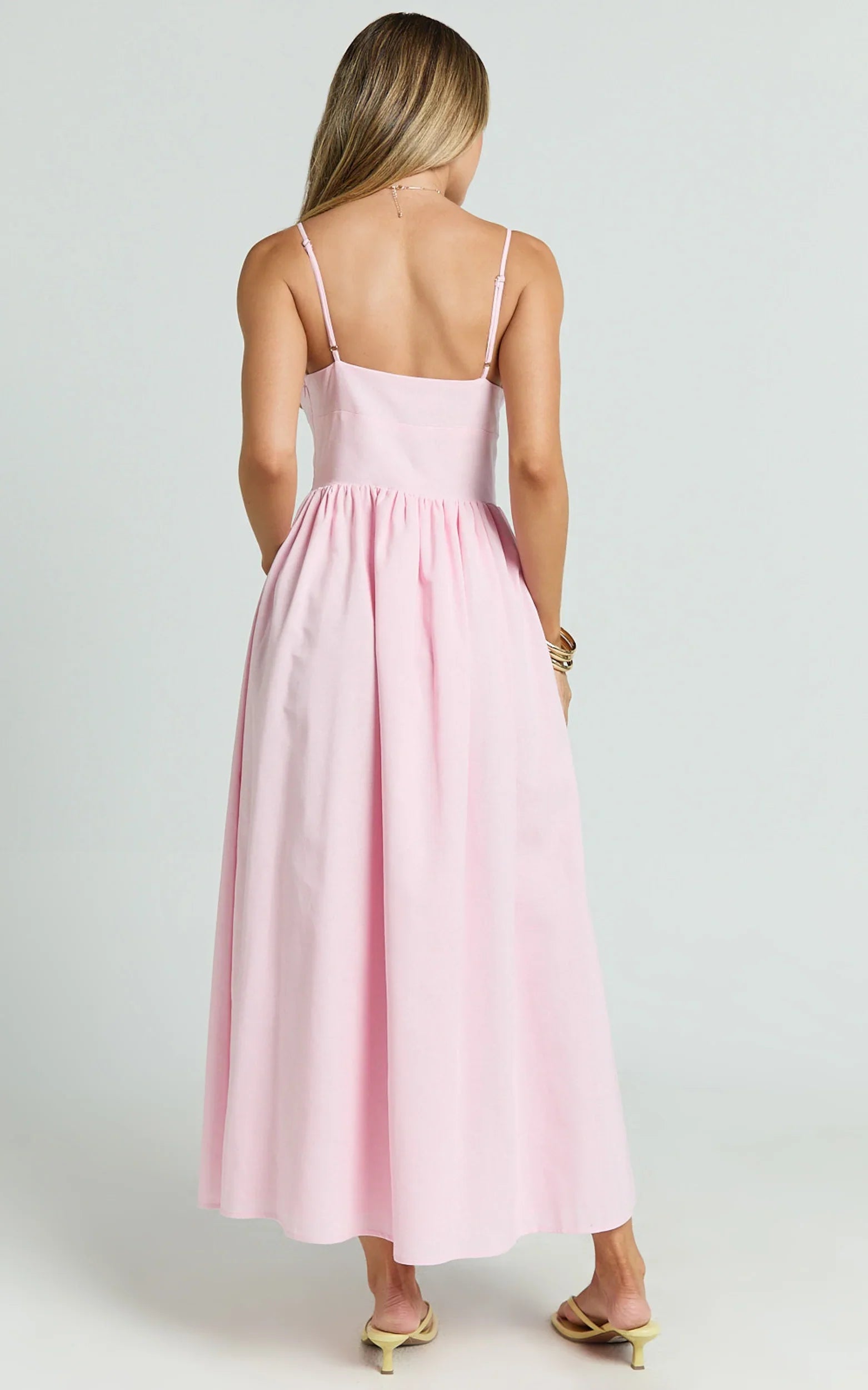 Morris Midi Dress Linen Scoop Neck Gathered Dress in Pink