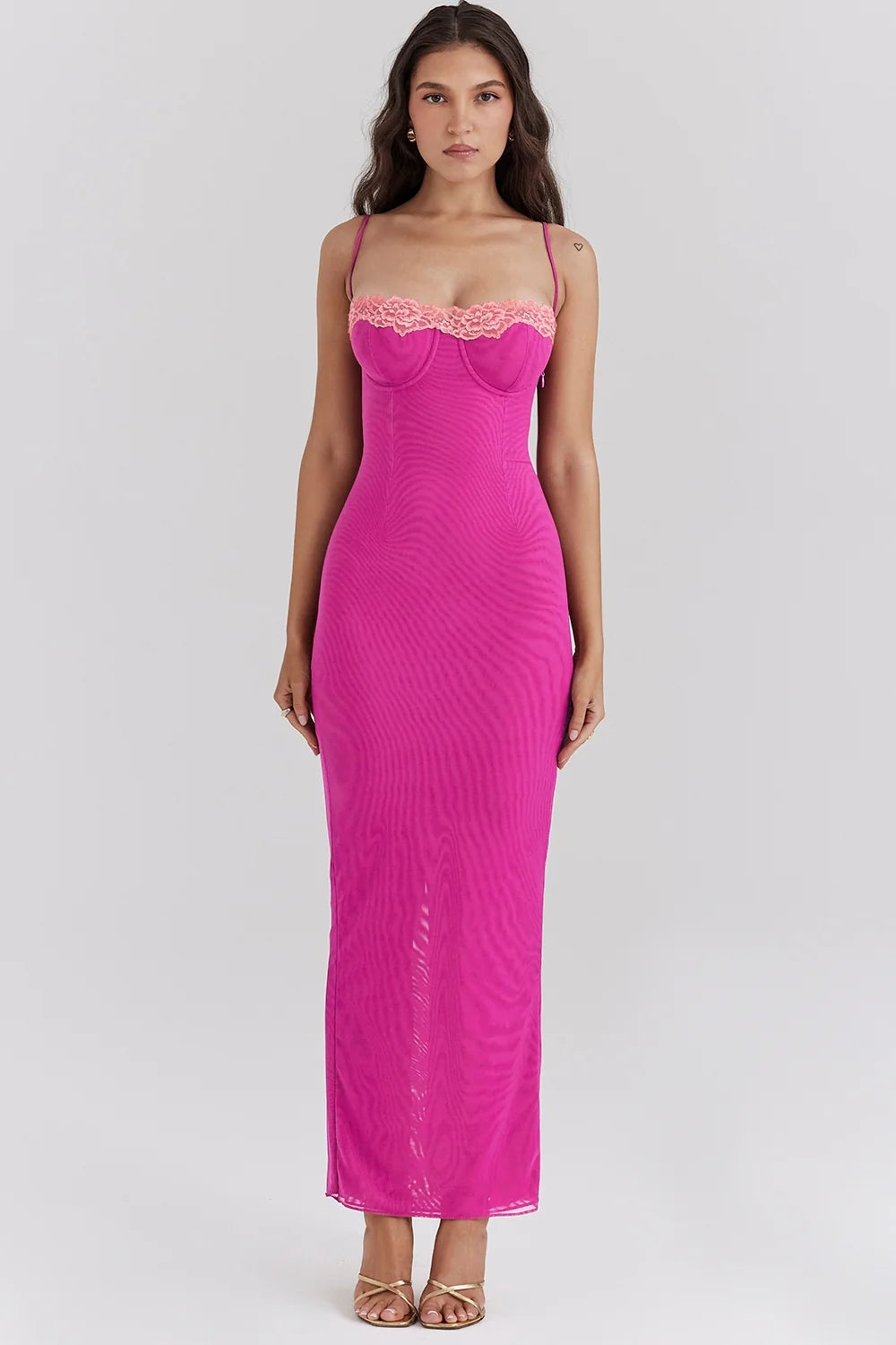 raspberry lace trimmed maxi dress