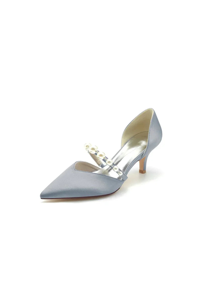 Elegant Satin Pointed Toe Heels with Pearl Strap