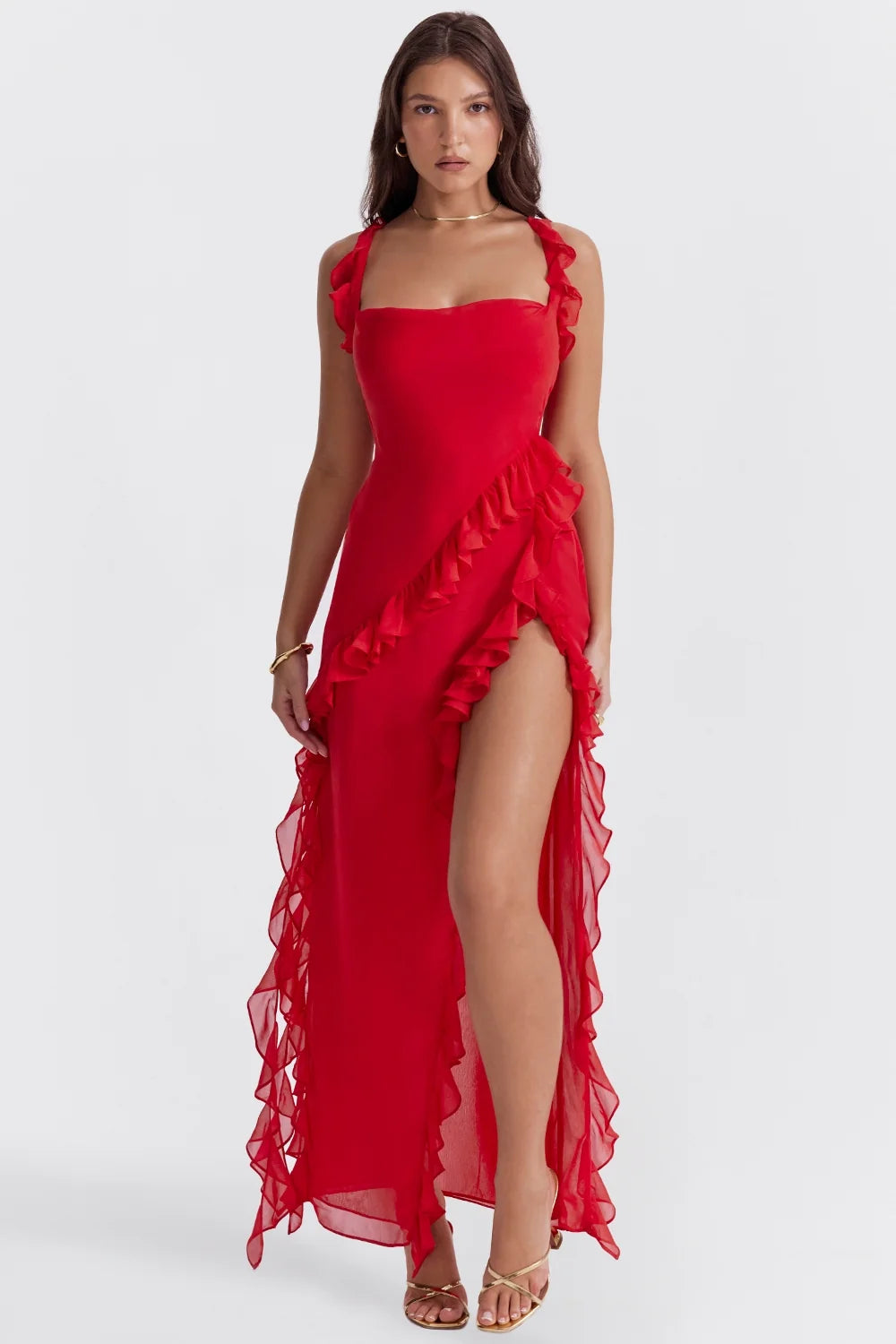 cherry ruffle maxi dress