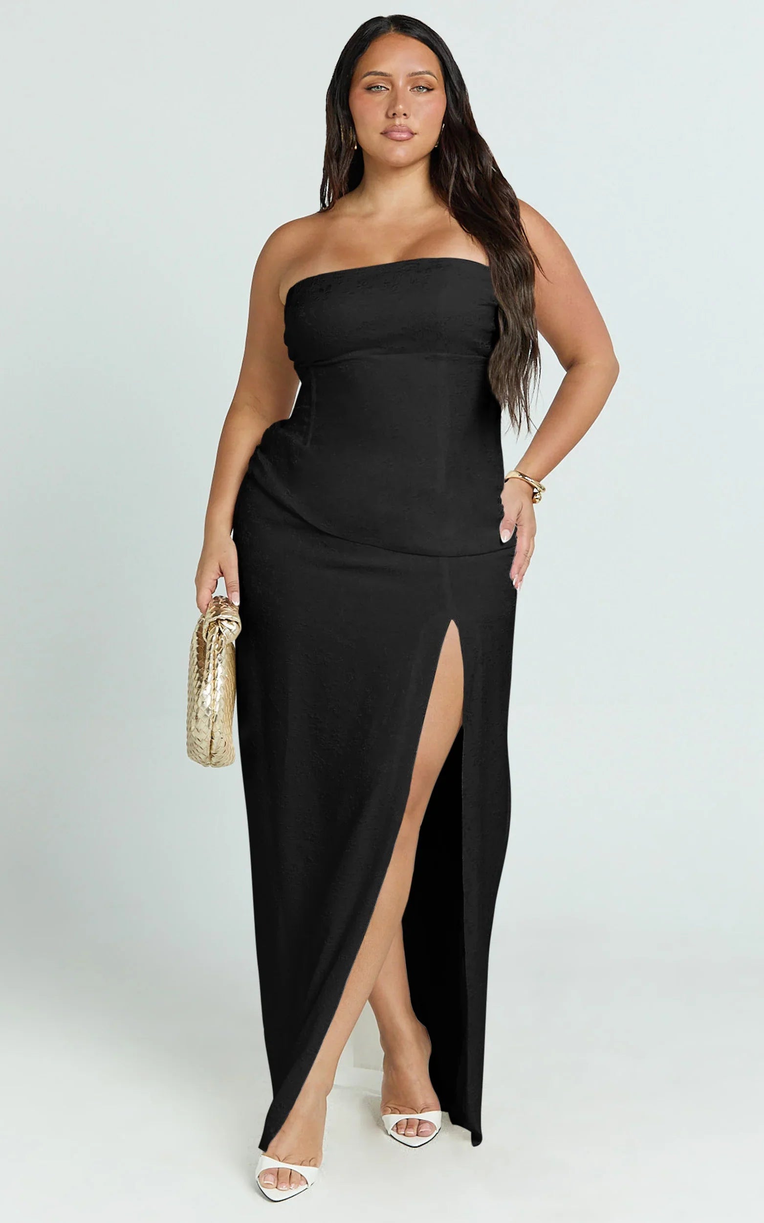 Berri Maxi Dress Strapless Jacquard High Split Dress in Black
