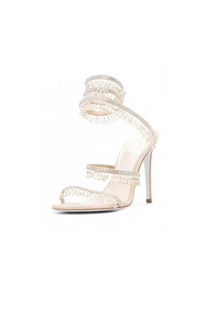 Open Toe Ankle Wrap Beaded Crystal Stiletto Heels