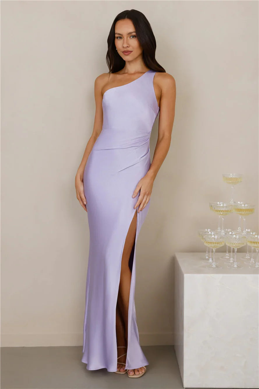 The Aurora One Shoulder Satin Maxi Dress Lilac