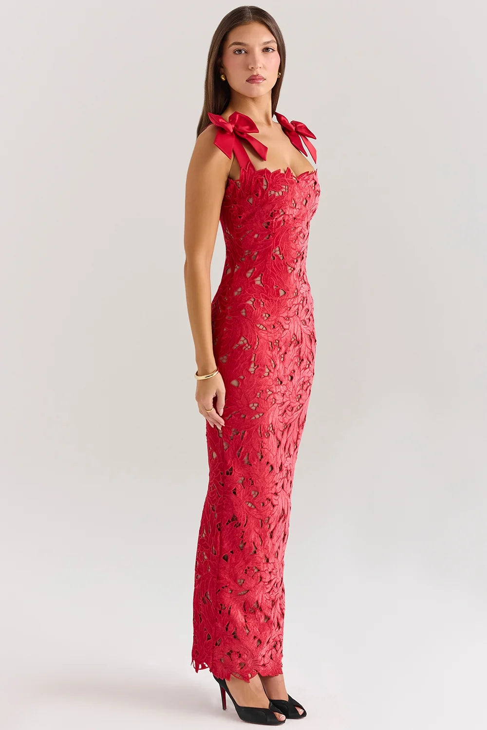 holly red velvet lace maxi dress