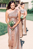 One Shoulder Rose Gold Sequins Sheath Long Bridesmaid Dress