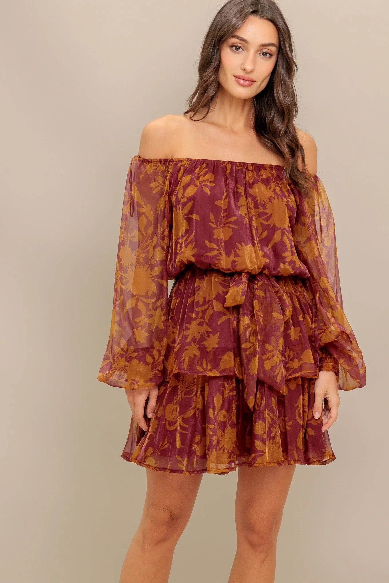 Destiny Maroon Floral Long Sleeve Mini Dress