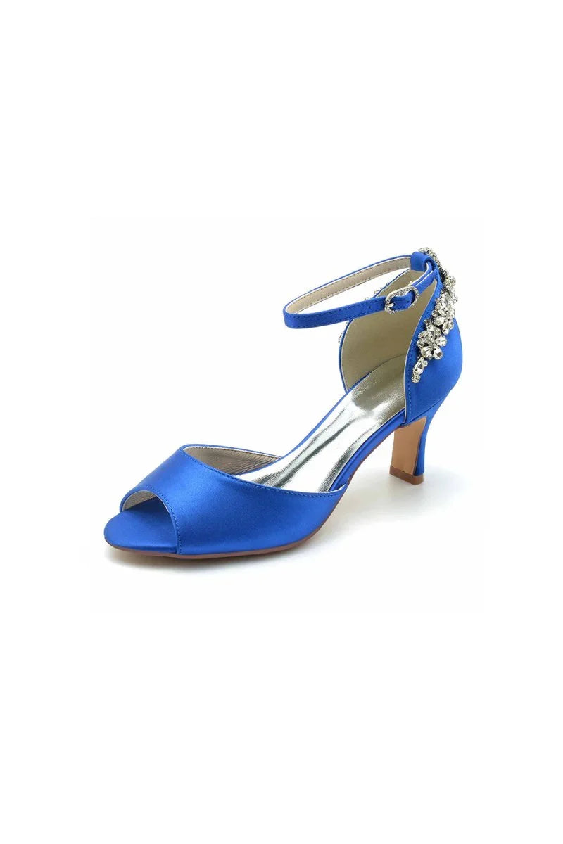Satin Ankle Strap Rhinestone Chunky Heels