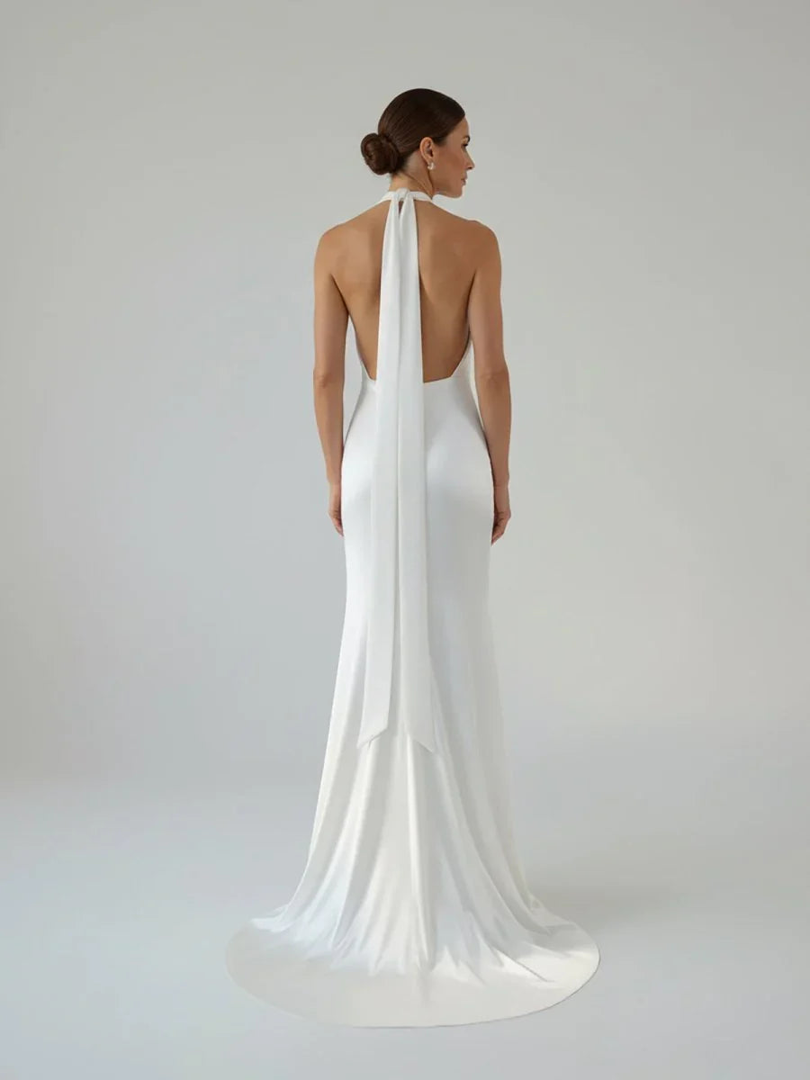 Sheath Satin Backless Halter Wedding Dress