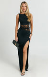 Alberta Maxi Dress Spliced Sheer Lace Column Dress in Black