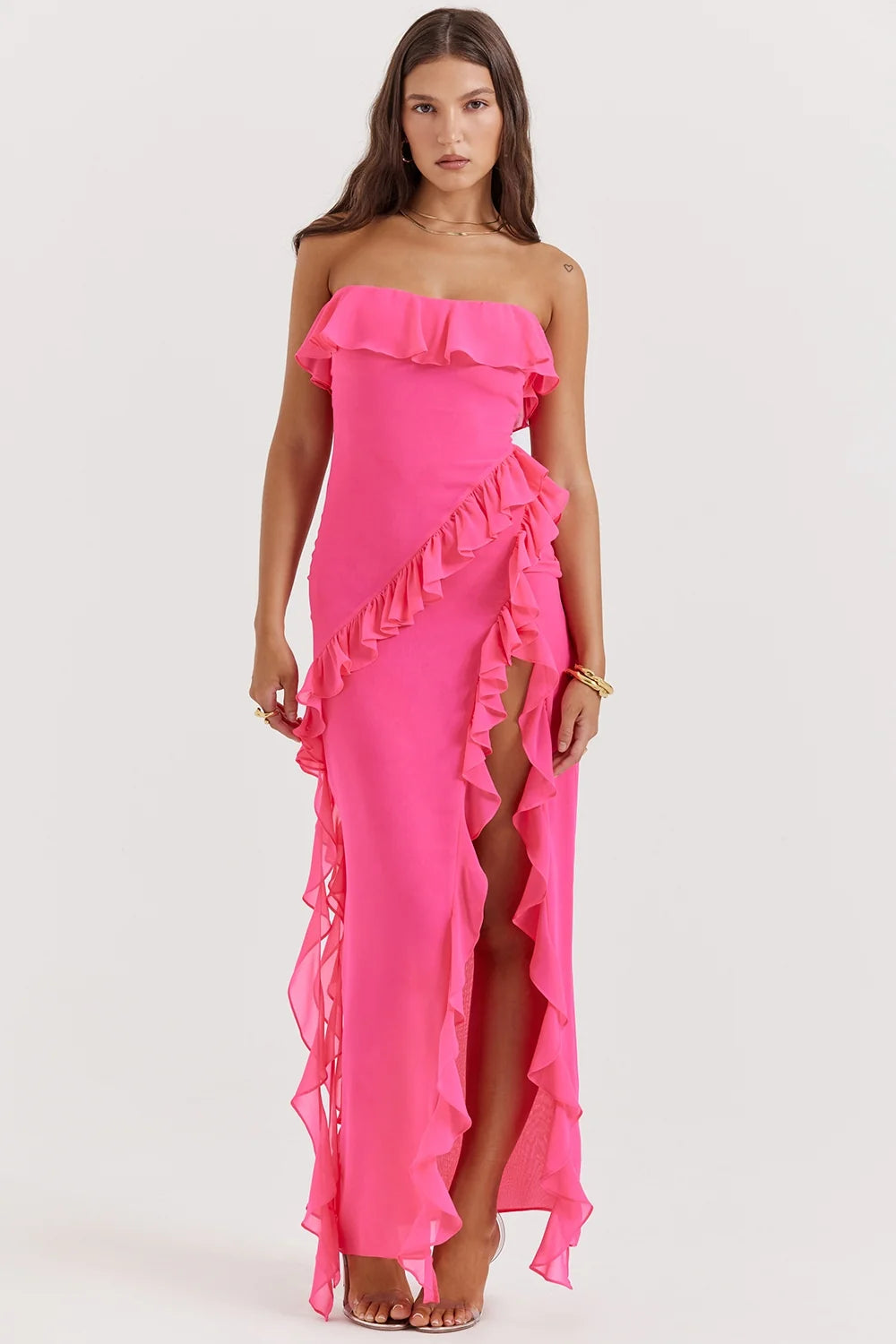 fuchsia ruffle maxi dress