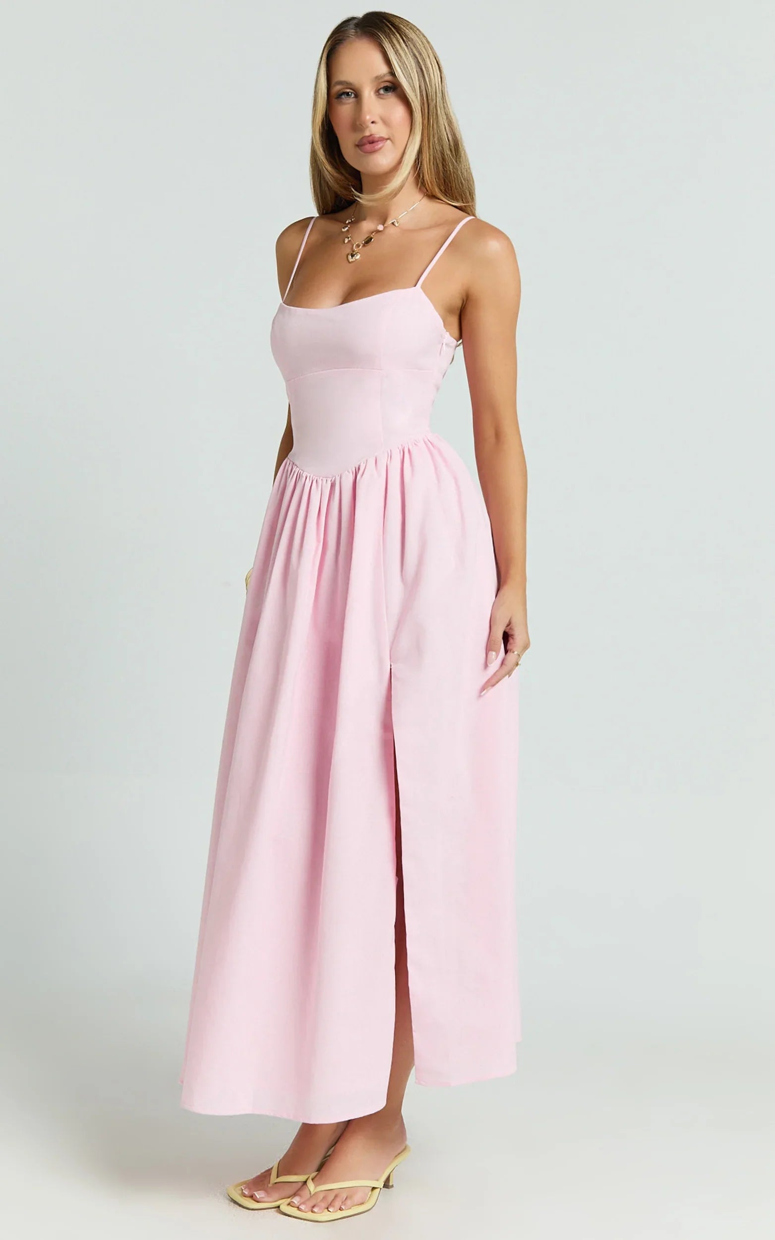 Morris Midi Dress Linen Scoop Neck Gathered Dress in Pink