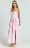Morris Midi Dress Linen Scoop Neck Gathered Dress in Pink
