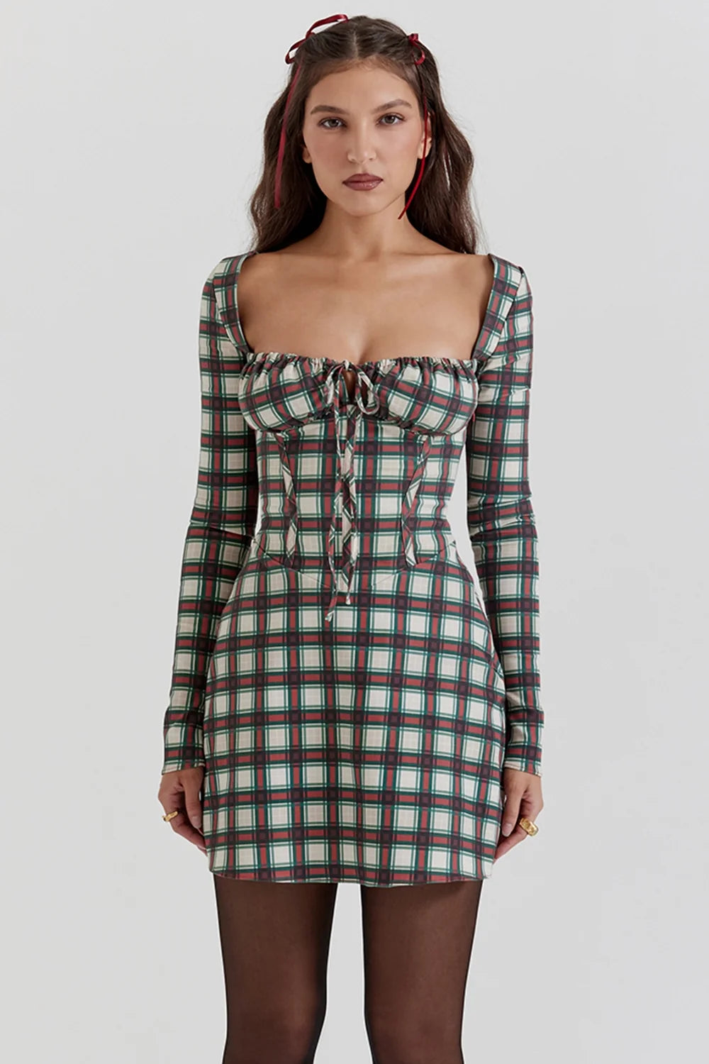 red tartan corset mini dress