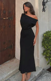 Jacqueline Midi Dress Linen One Shoulder Dress in Black