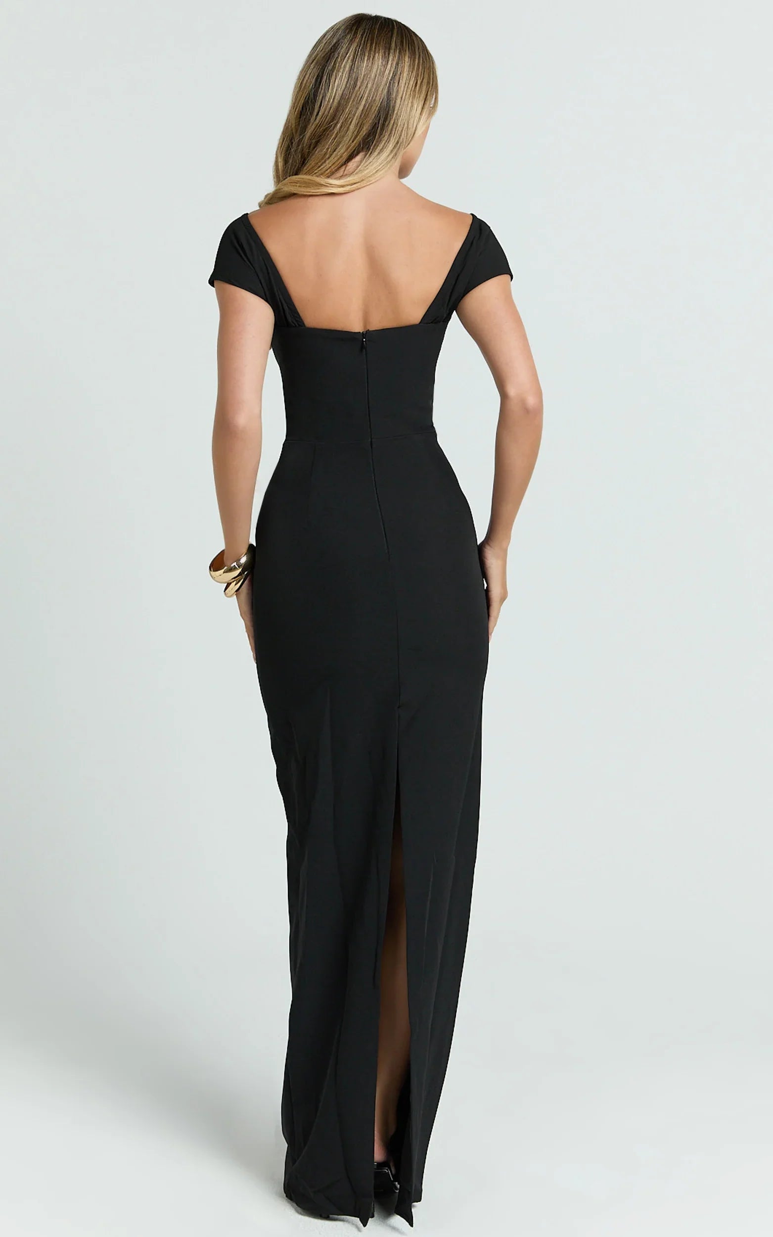 Veronika Maxi Dress Off Shoulder Plunge High Split Dress in Black
