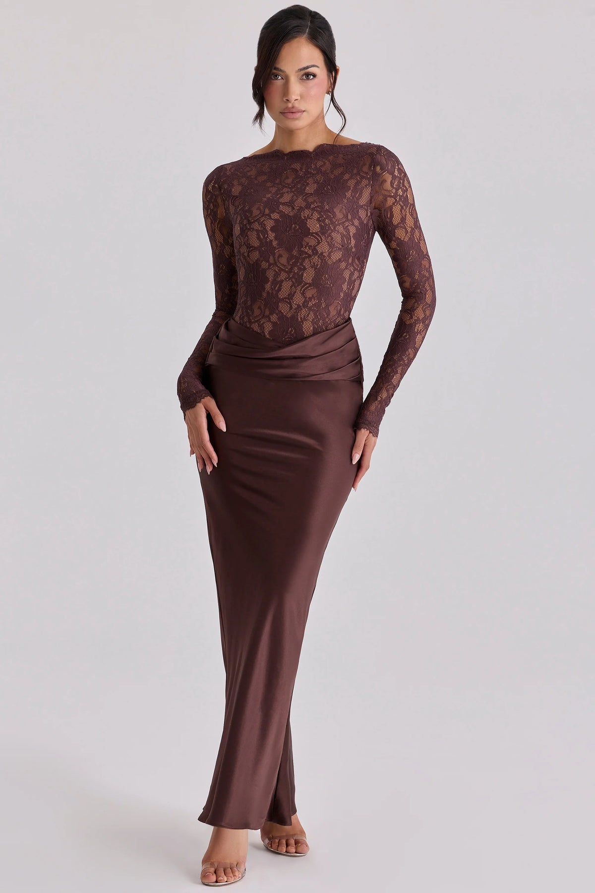 espresso brown lace satin draped maxi dress