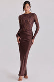 espresso brown lace satin draped maxi dress