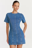Camellia Mini Dress High Neck A Line Dress in Mid Blue Wash