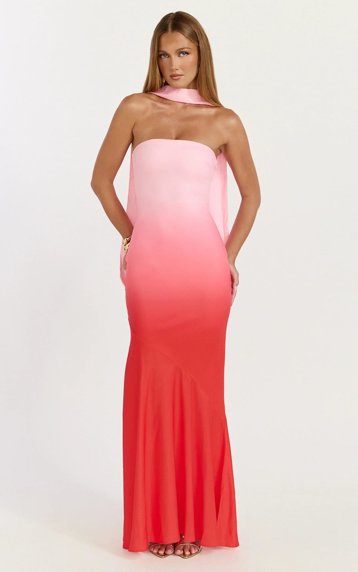 Lolly Maxi Dress Strapless Bias Column Dress with Scarf in Blush Ombre Print