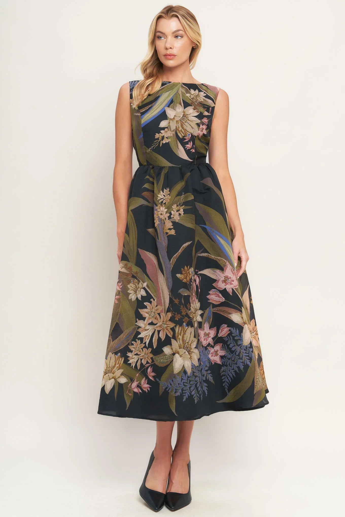 FOLIAGE WHISPER BLACK MIDI DRESS