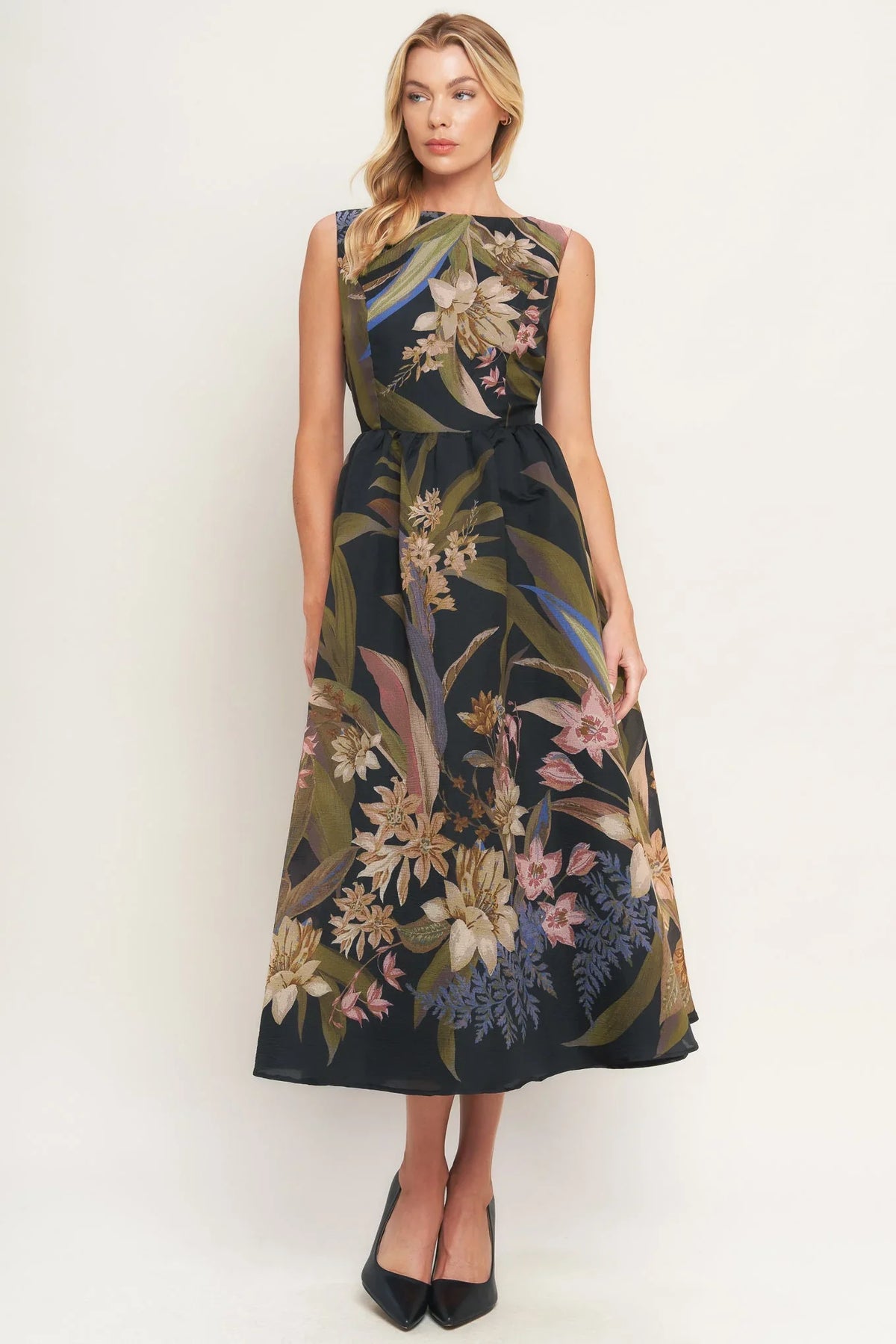 FOLIAGE WHISPER BLACK MIDI DRESS