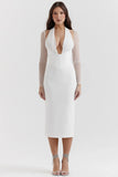 white plunge midi dress