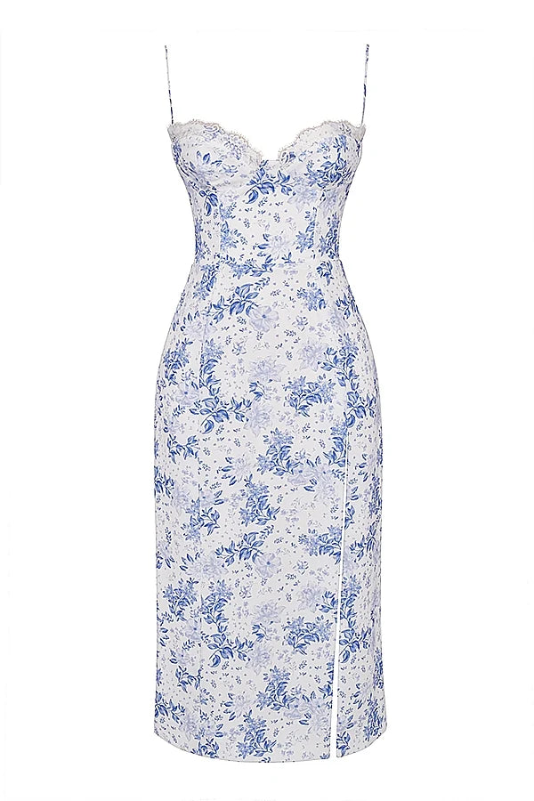 blue print corset midi dress