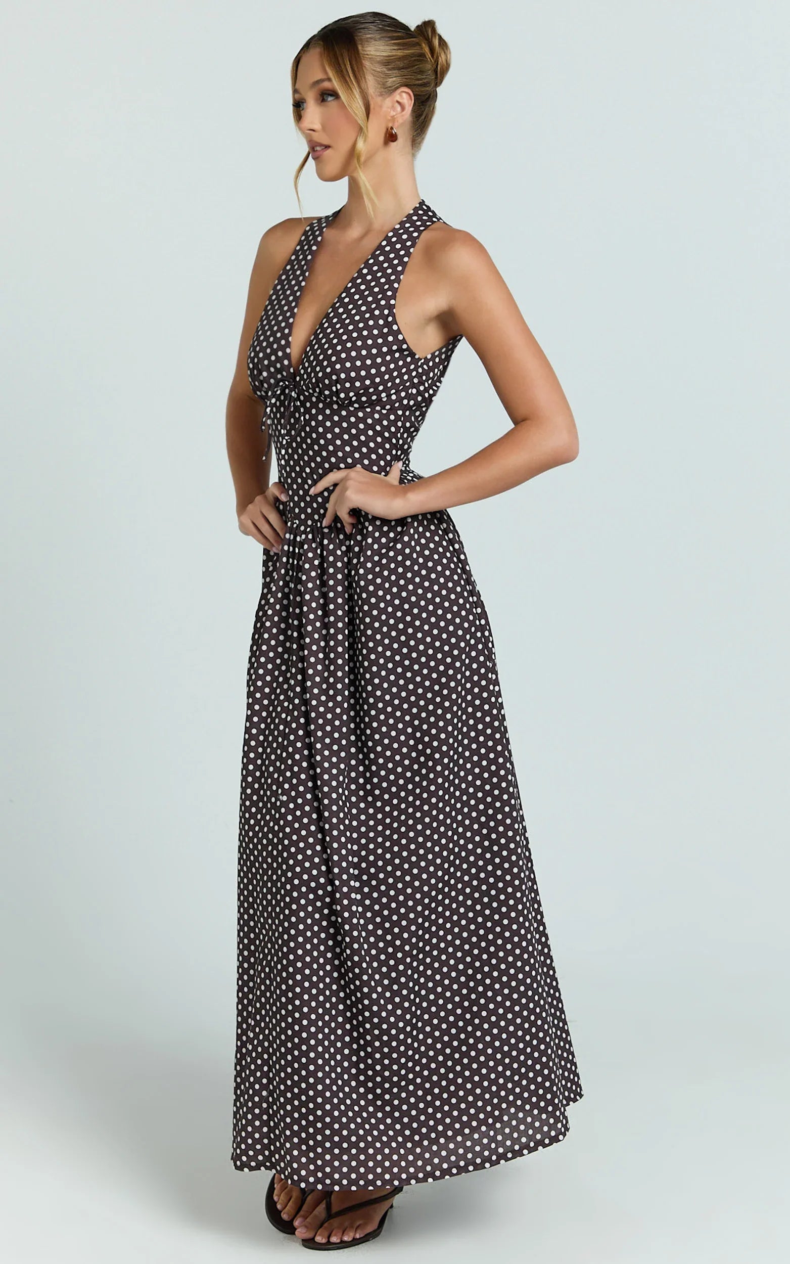 Abby Midi Dress Neckline Dress in Chocolate Polkadot