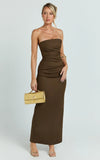 Jamie Maxi Dress Strapless Ruched Fitted Column Dress in Chocolate