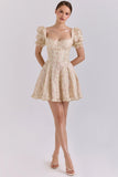 cream floral print chiffon puff sleeve mini dress