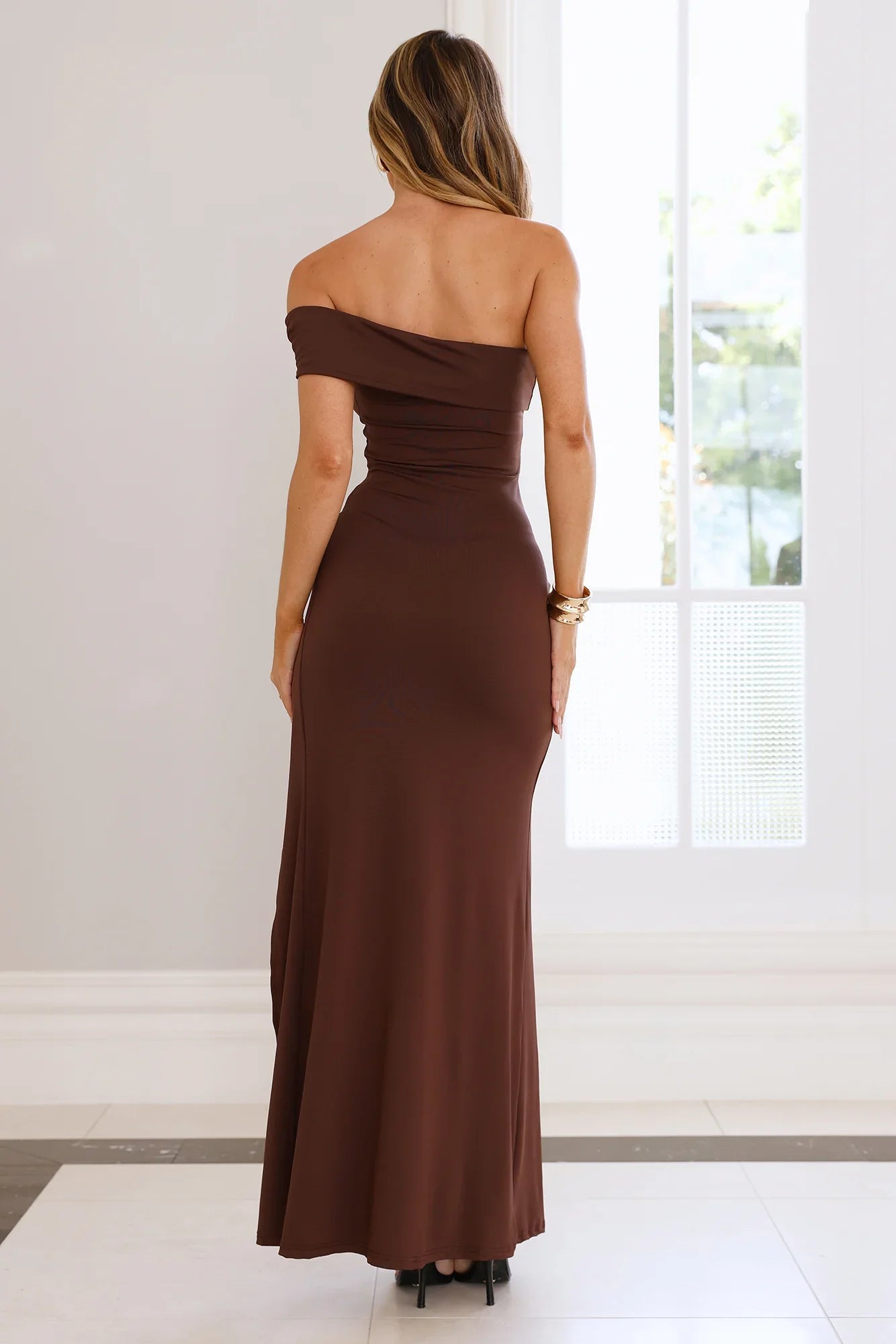 Lavish Luxe Off Shoulder Maxi Dress Brown