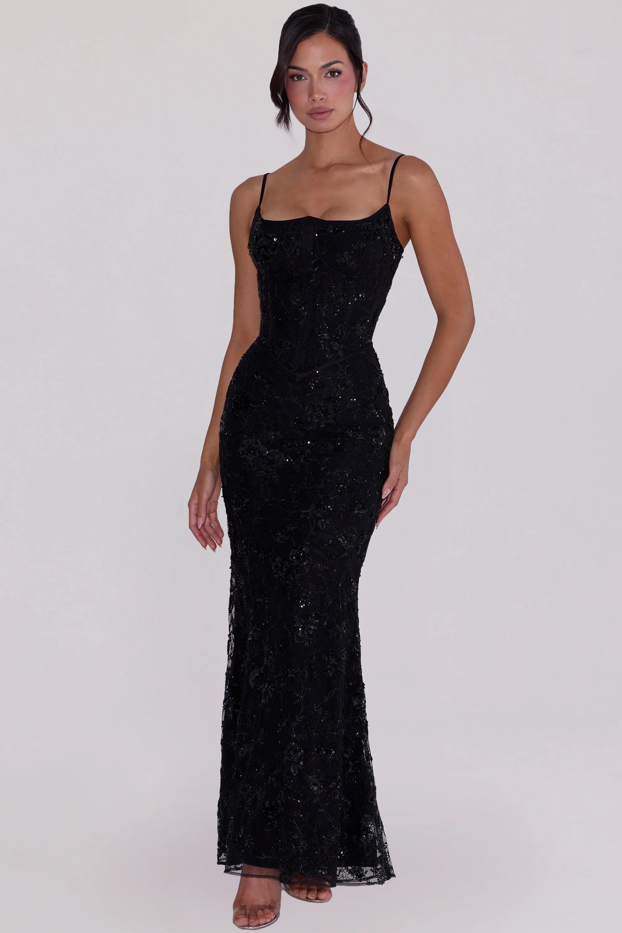 black hand beaded embellished corset maxi dress limited edition
