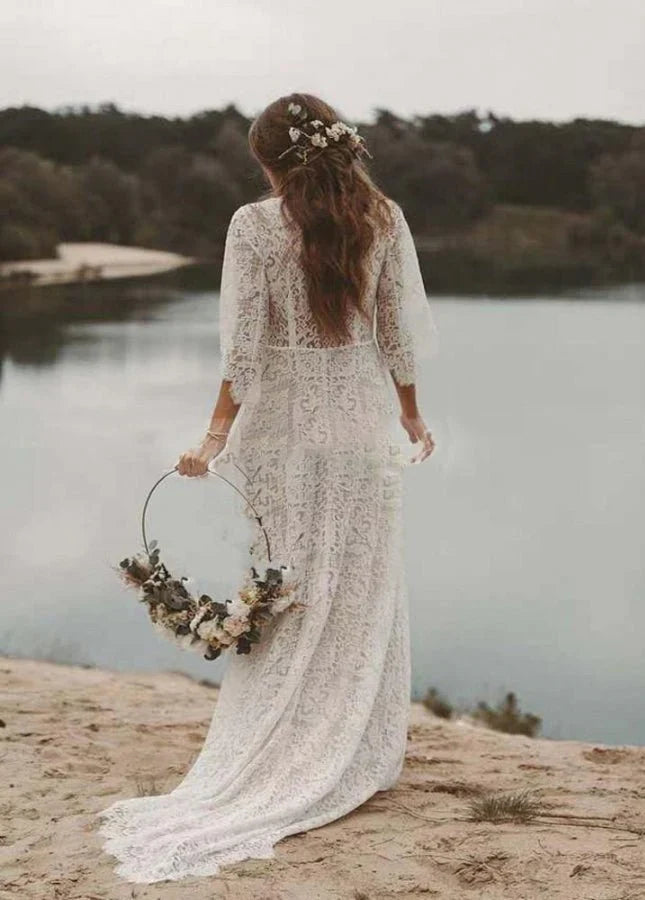 Bohemian Lace Deep V Neck Half Sleeves A Line Beach Wedding Dresses