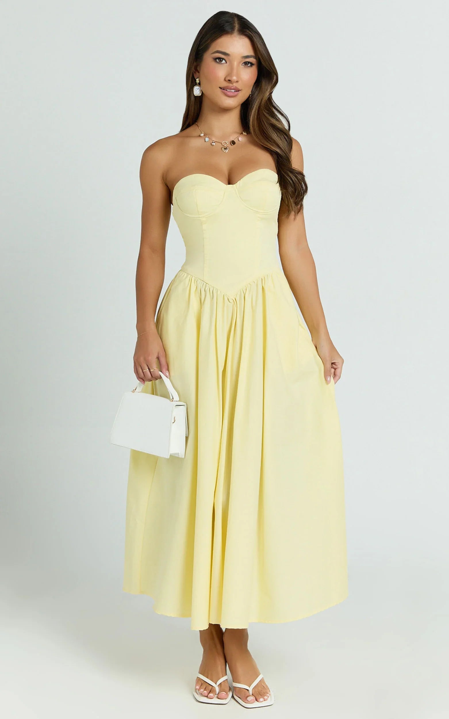 Daria Midi Dress Strapless Corset Gathered Dress in Lemon