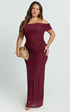 Caterina Maxi Ruched Off Shoulder Mesh Dress in Wine