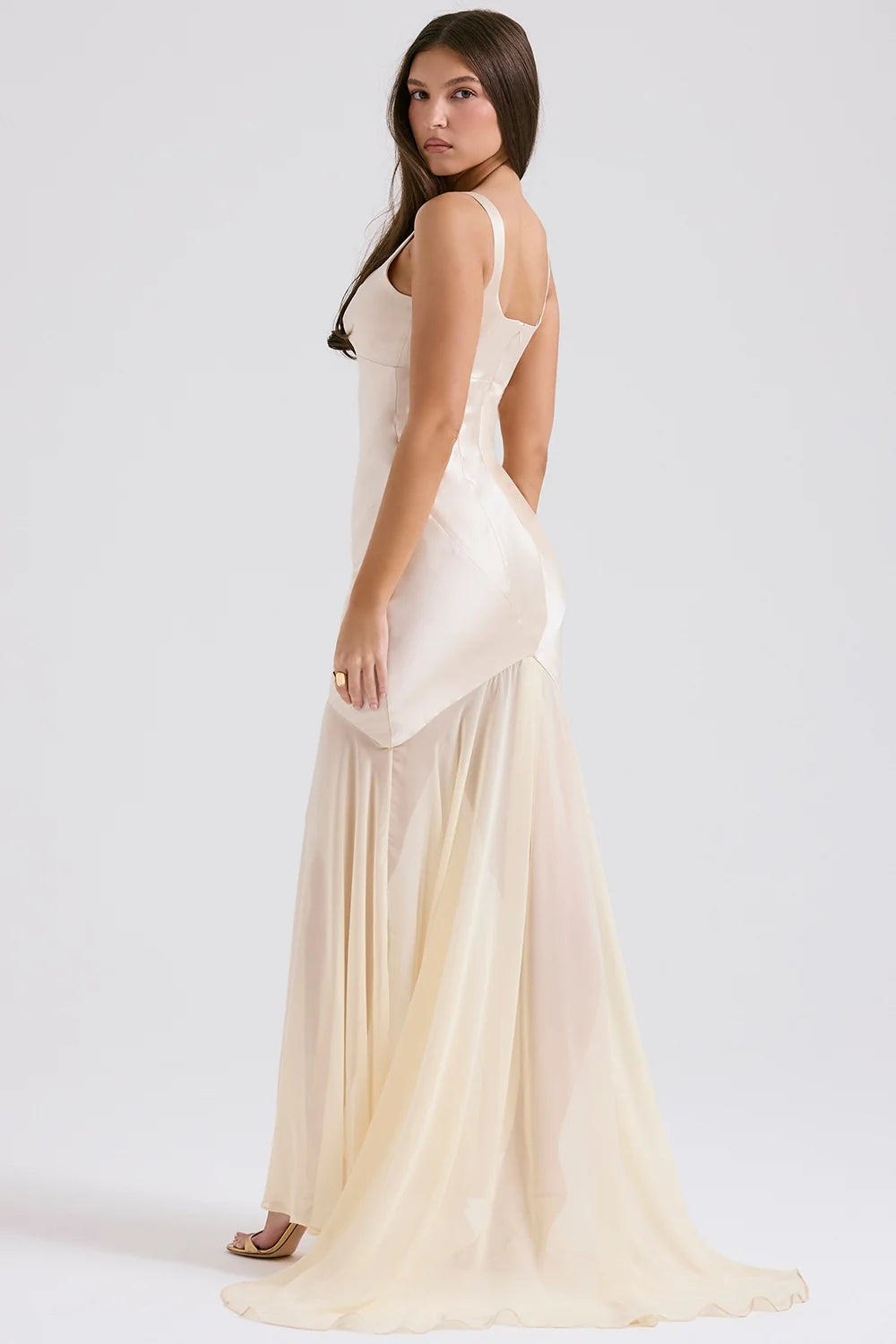 champagne chiffon floor length gown