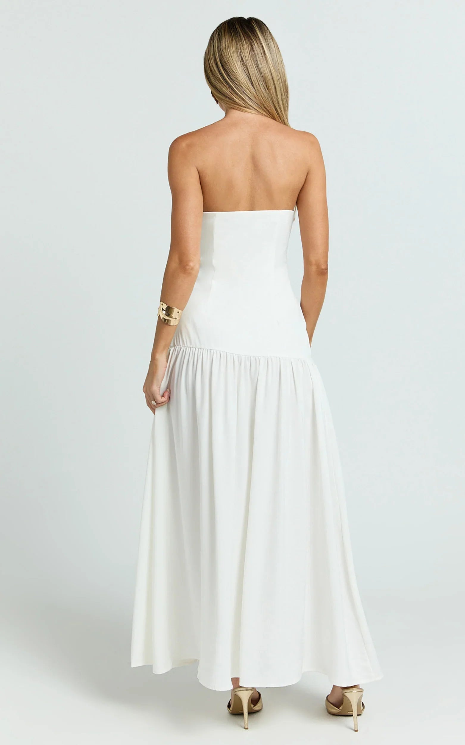 Nadiane Maxi Dress Strapless Asymmetric Drop Waist Dress in Off White