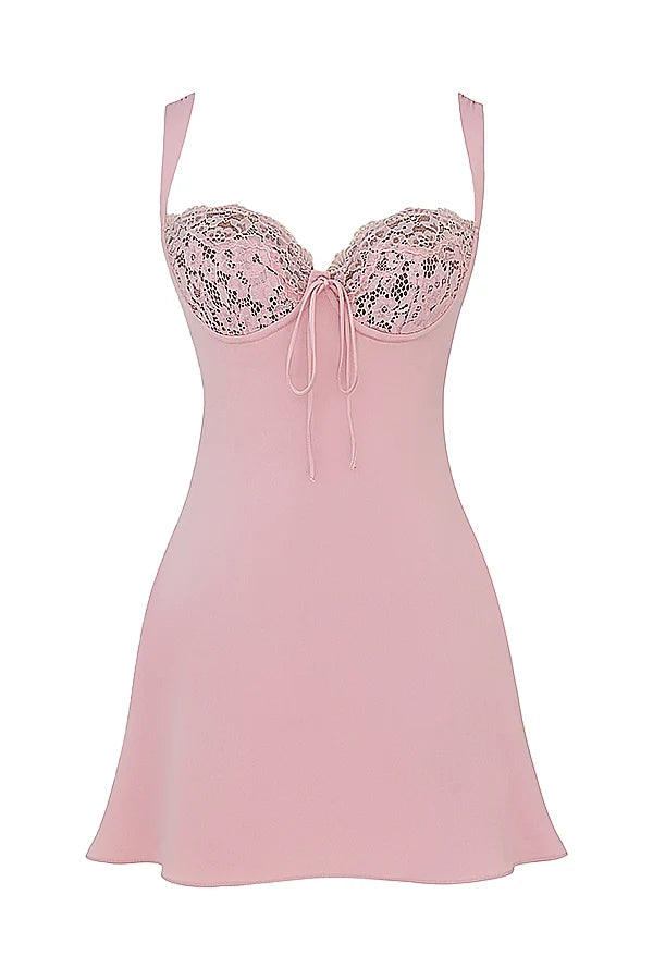 rose satin and lace mini dress