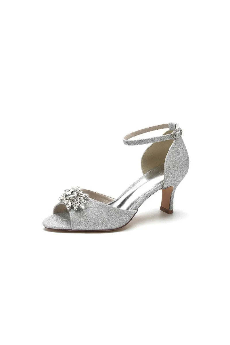 Peep Toe Glitter Strap Buckle Stiletto Heels With Rhinestone