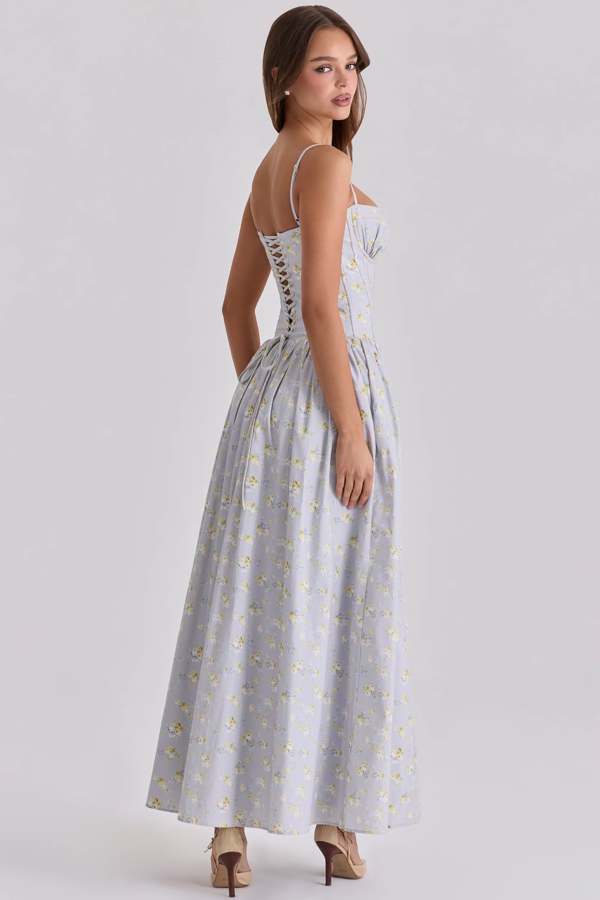 blue wildflower print cotton lace up maxi dress