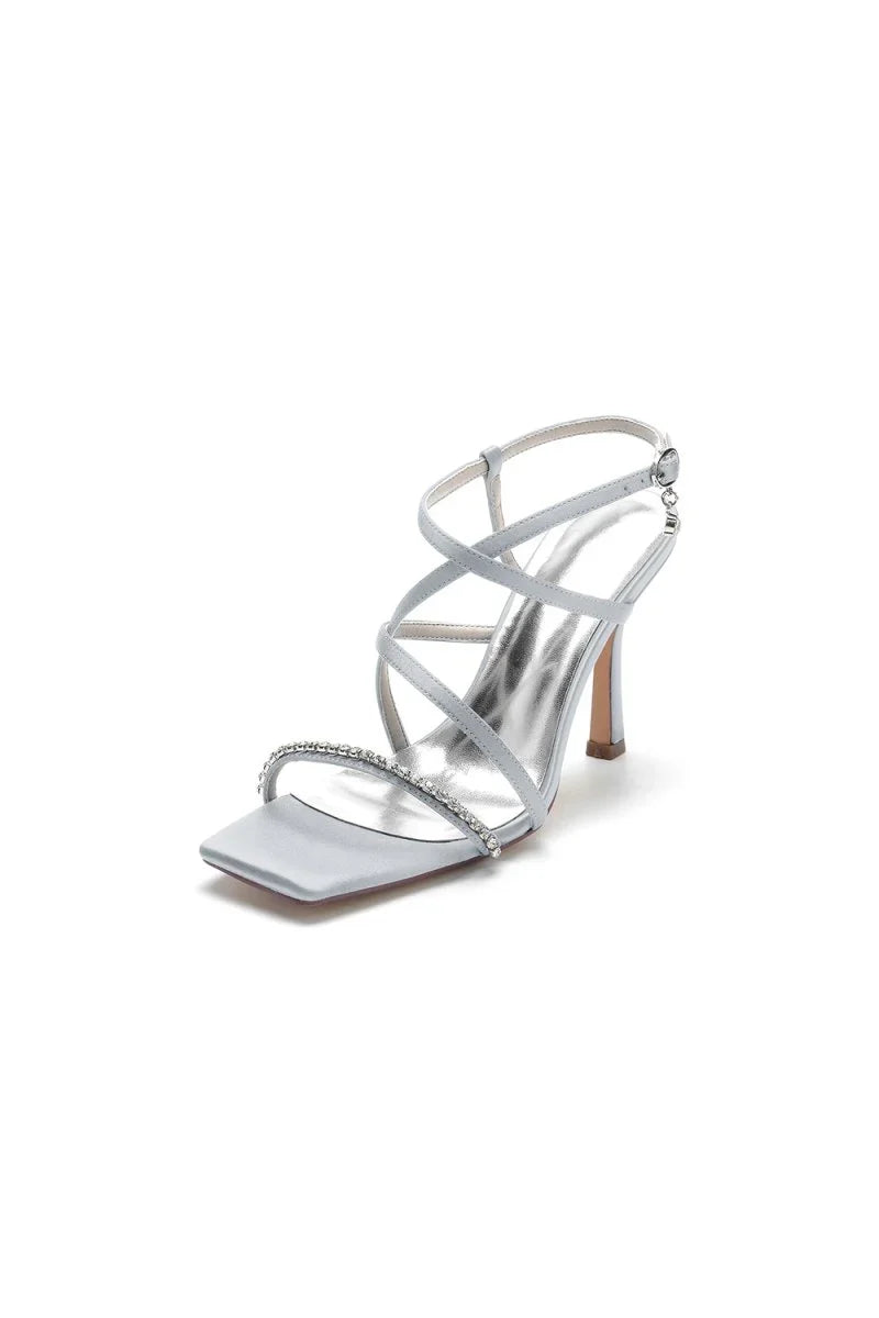Square Open Toe Crystal Cross Straps Chunky Heels
