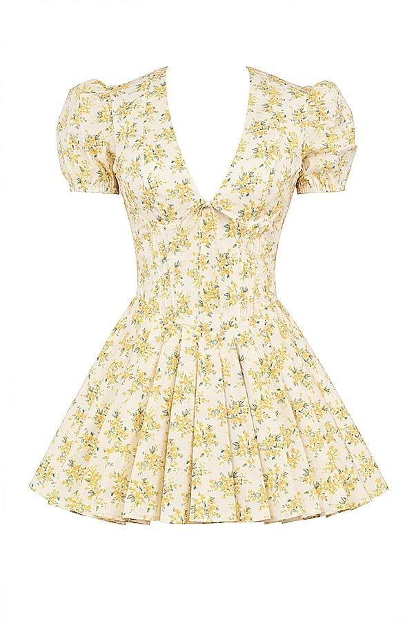 buttercup vintage floral print pleated cotton mini dress