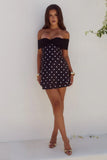 KADIE OFF SHOULDER MINI DRESS BLACK WHITE POLKA
