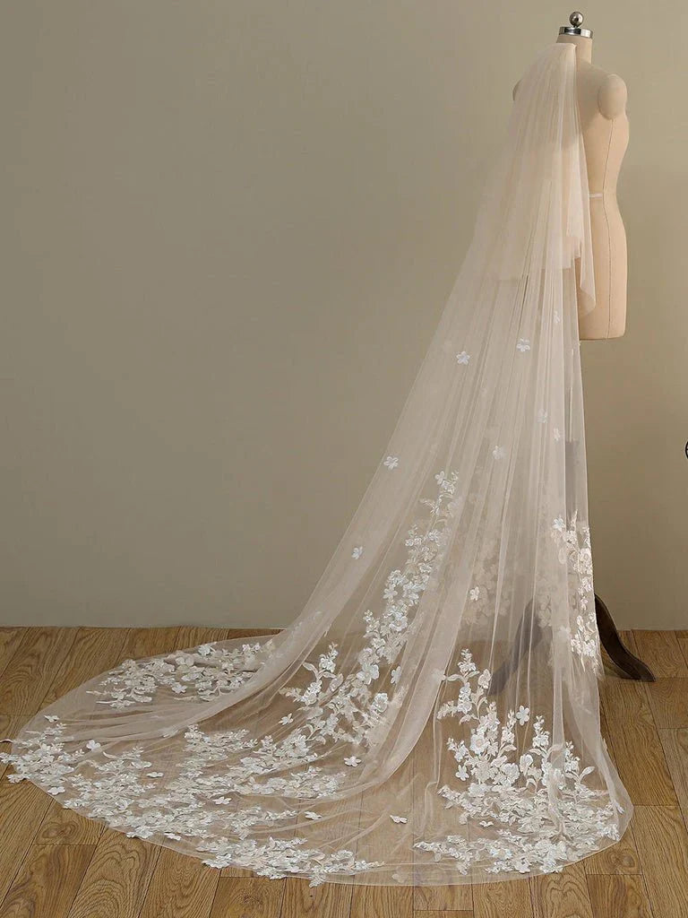 Ombre Champagne Floral Lace Ivory Cathedral Veil with Blusher Bridal Veil Wedding Veil