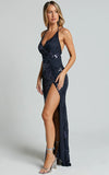 Out Till Dawn Maxi Dress Thigh Split Dress in Navy Sequin