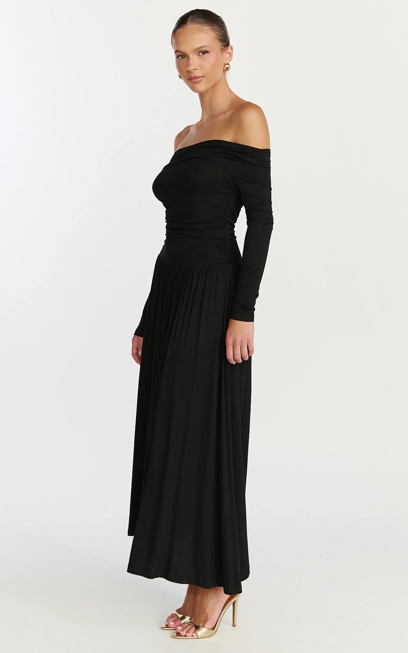Antonia Midi Dress Off The Shoulder Long Sleeve Dress in Black