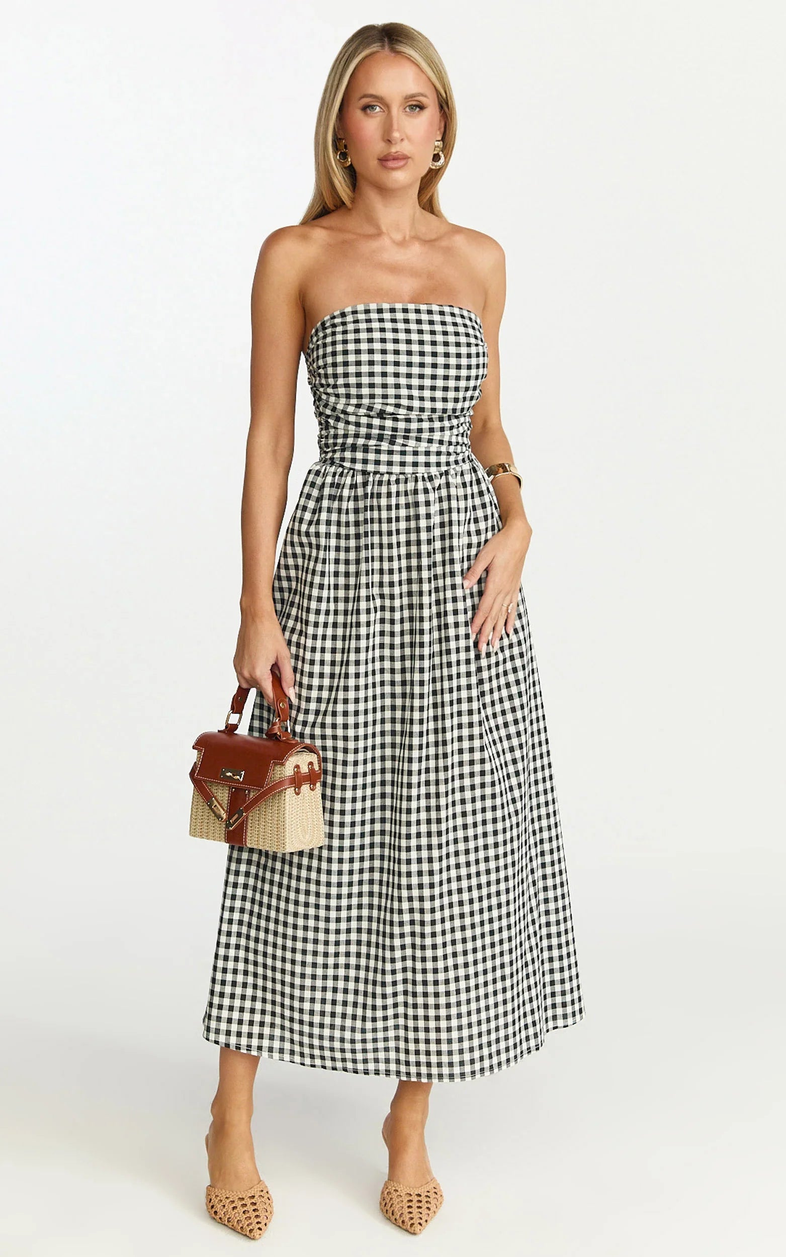 Polly Midi Dress Strapless Ruched Dress in Black Check