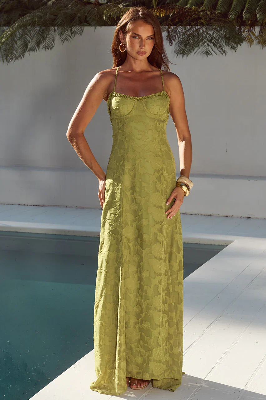 ELLERBY FRILL TRIM MAXI DRESS OLIVE