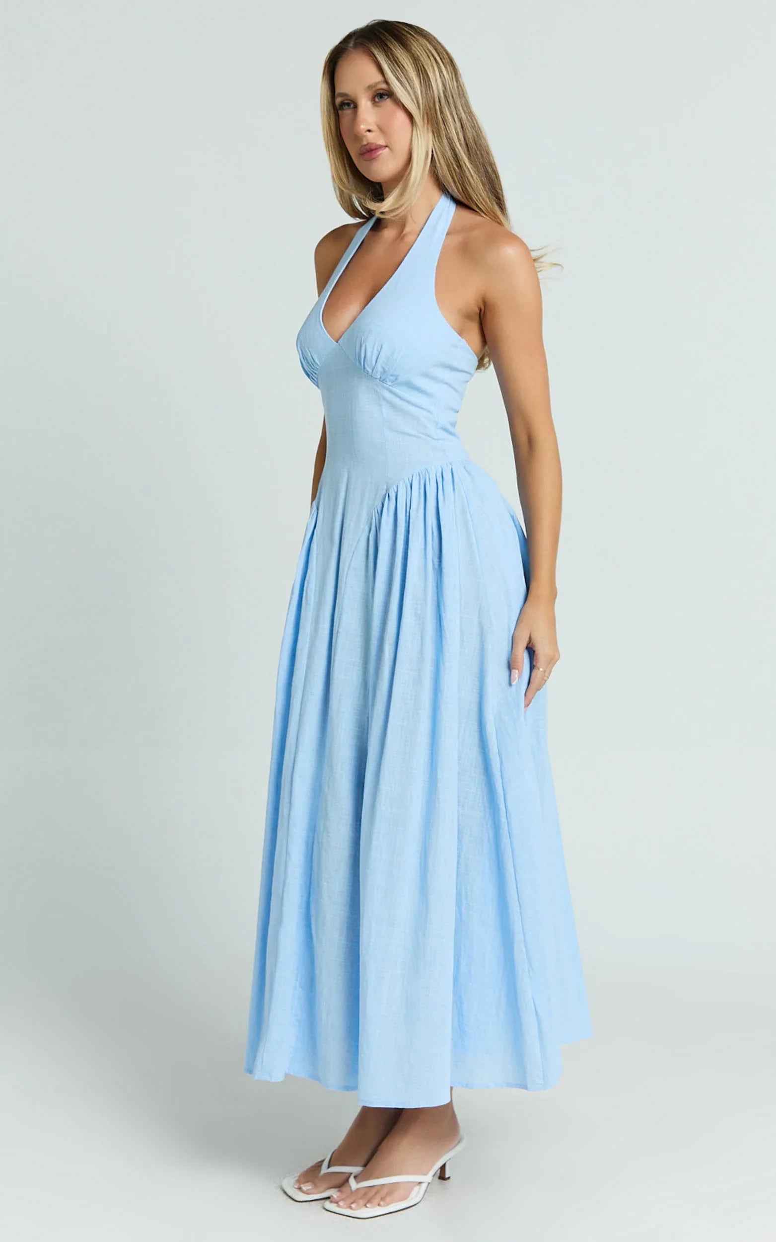 Athena Midi Dress Halter Drop Waist Dress in Blue