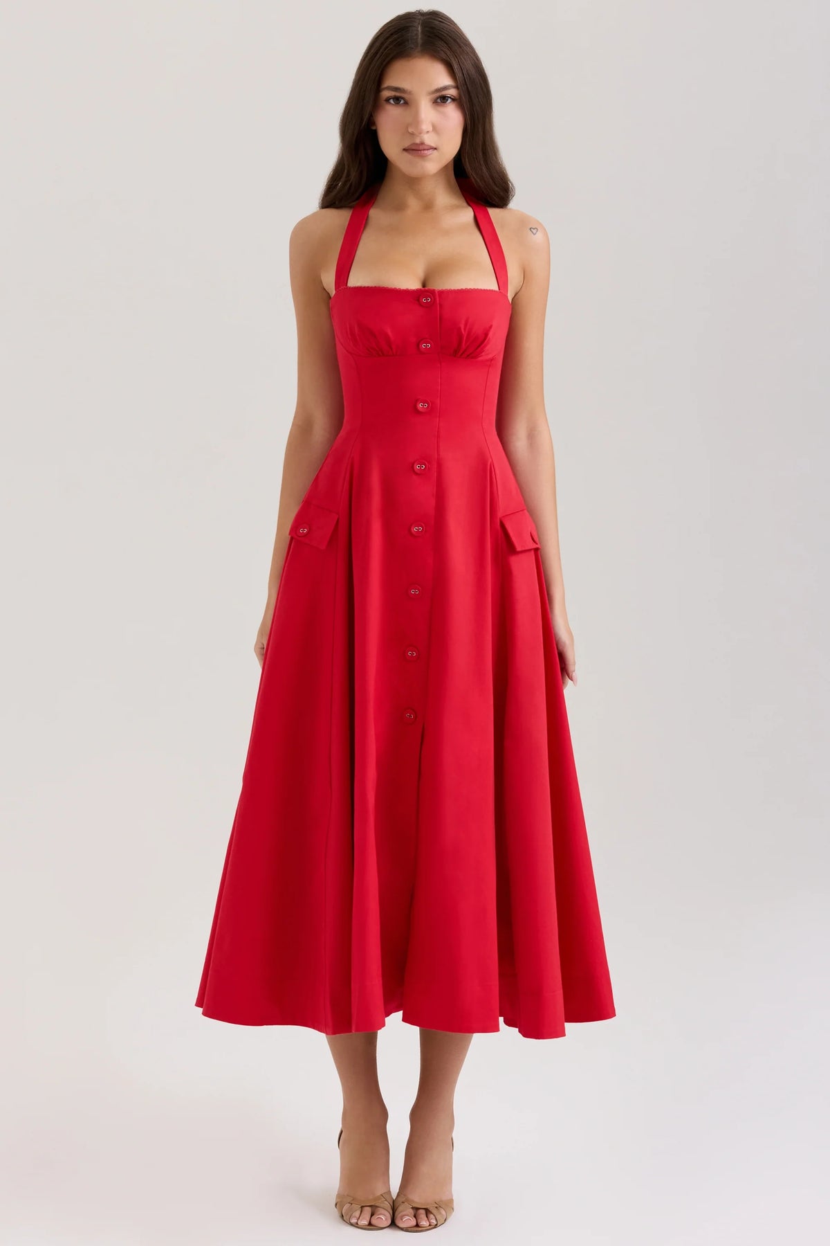 red stretch cotton button halter neck midi dress